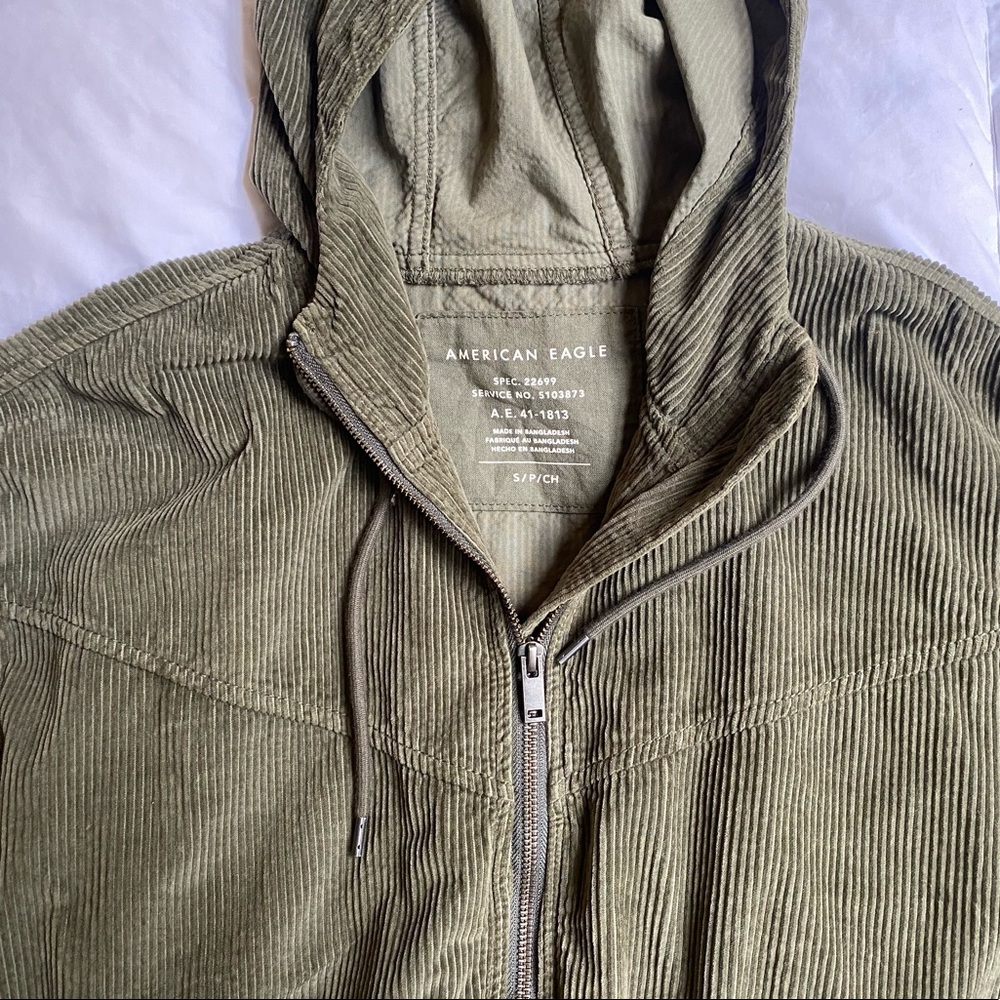 American Eagle Olive Green Corduroy Hooded Bomber Jacket Size S